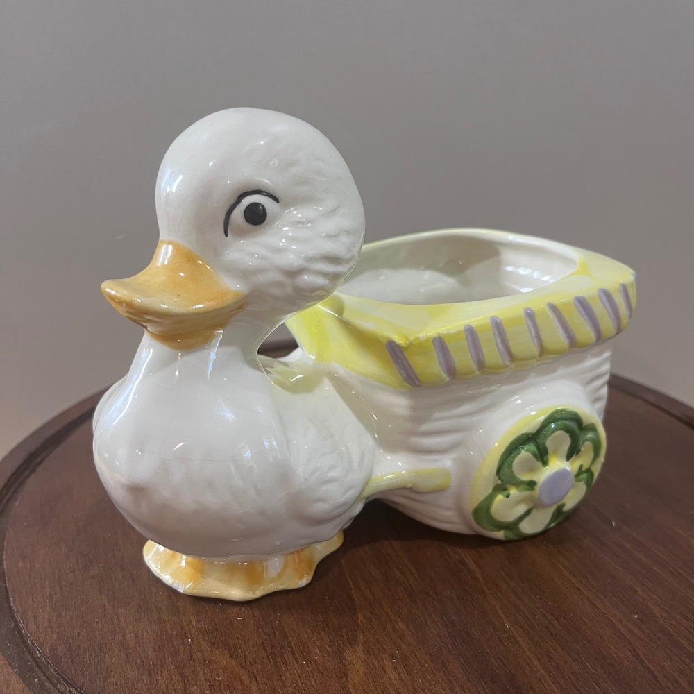 Vtg Ceramic Duck Pulling Cart Planter Kitsch Nursery Decor White Yellow 6.5in